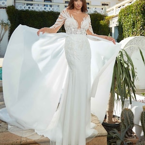 Lange afneembare bruiloft rok verwijderbare bruidsrok bruids lange trein, bruids scheidt, trouwjurk overrok, organza bruids overrok