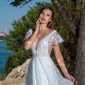 Boho Deep V wedding dress, Glitter lace A line bridal gown, Sparkle wedding dress