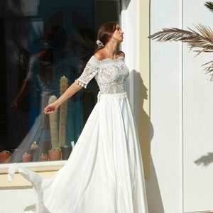 Detachable Train Off-Shoulder Silk Wedding Dress, Vintage Style Lace Wedding Gown,Off the shoulder Wedding Dress, Bohemian Beach Bridal Gown