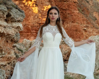 Hippie Boho Bohemian Vintage Bridal Dress А line Wedding Dress Lace Wedding Dress Long Bell Sleeve Wedding Dress Beaded Beach Wedding Dress