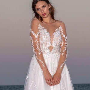 Long Sleeve A-line Wedding Dress. Deep V Neckline Boho Bridal Gown, Romantic Bridal Dress, Long Sleeves A-line Lace Tulle Wedding Dress