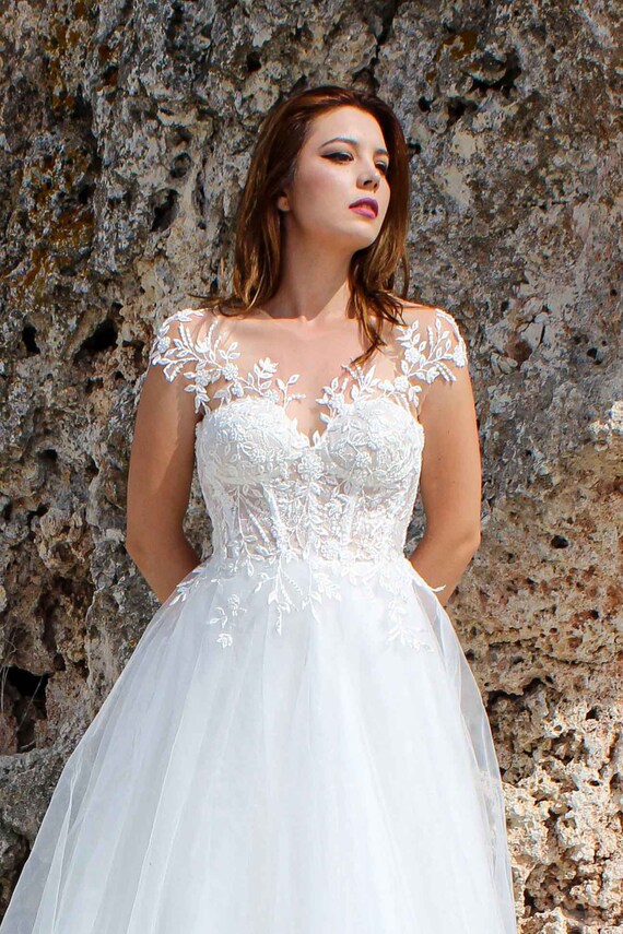 navy blue dress for baby girl Beach Formal Wedding Dress A Line Short Sleeves Beading Summer Bridal Gown QW2387 US10 / White main image 0
