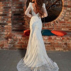 Elegant V-Neck Lace Applique Long Sleeve High Slit Satin Mermaid Maxi Dress with Train