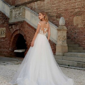 Deep V Sparkle Bohemian A-line Lace Tulle Wedding Dress, Deep V Neck ...