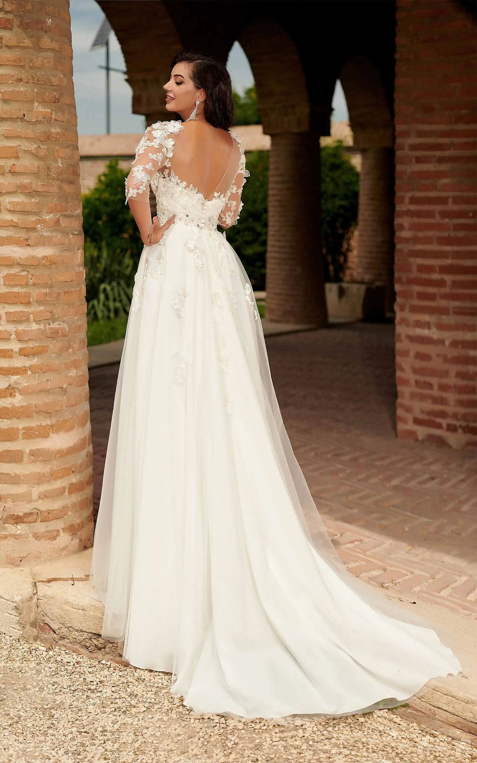 Elegant Long A-line Long Sleeves Slit Wedding Dress with Chiffon Lace main image 1
