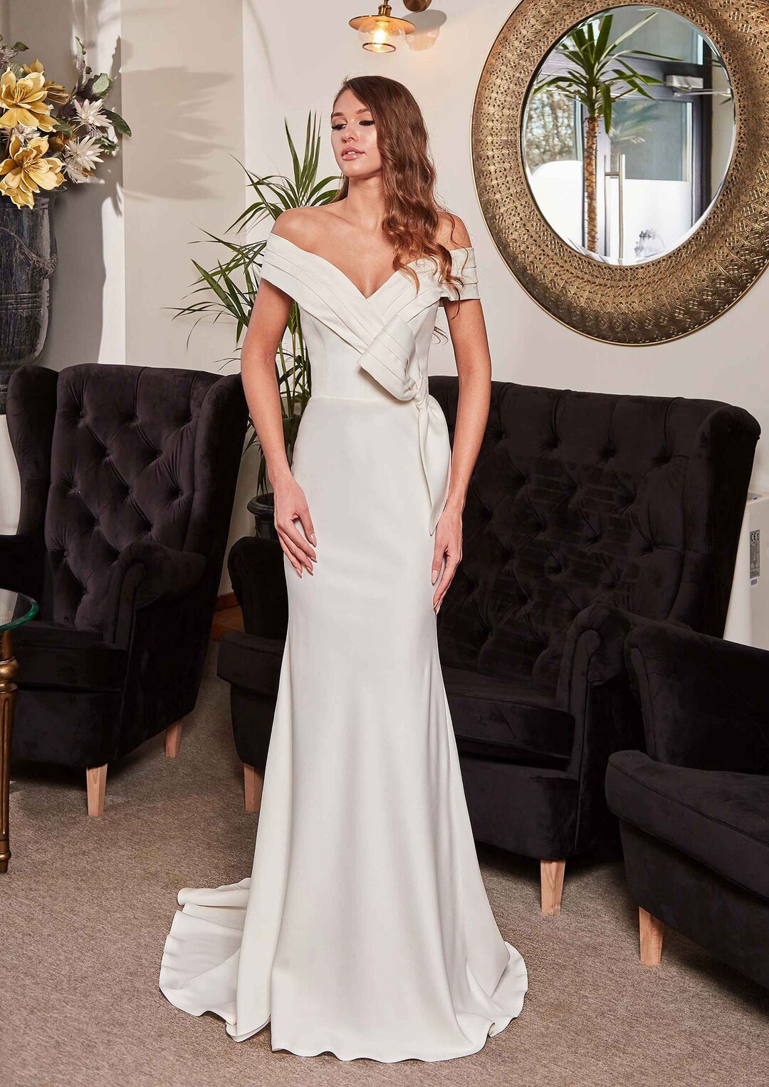 Elegant Cream Satin Off-the-Shoulder Ruched Mermaid Silhouette & Train Wedding Dress DP7668