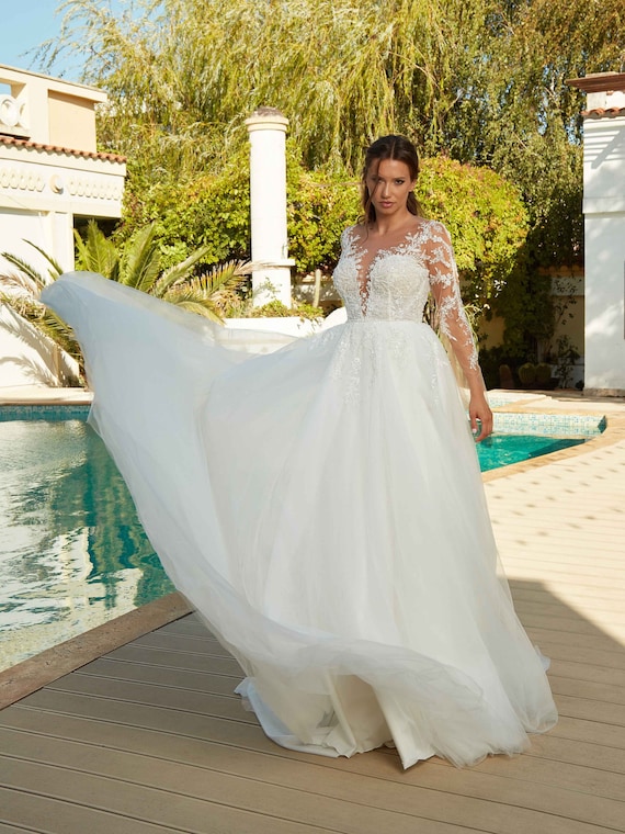 scalloped a line wedding dress with double straps A-line Bateau Illusion Long Sleeve Lace Tulle Wedding Dress, Waistband main image 0