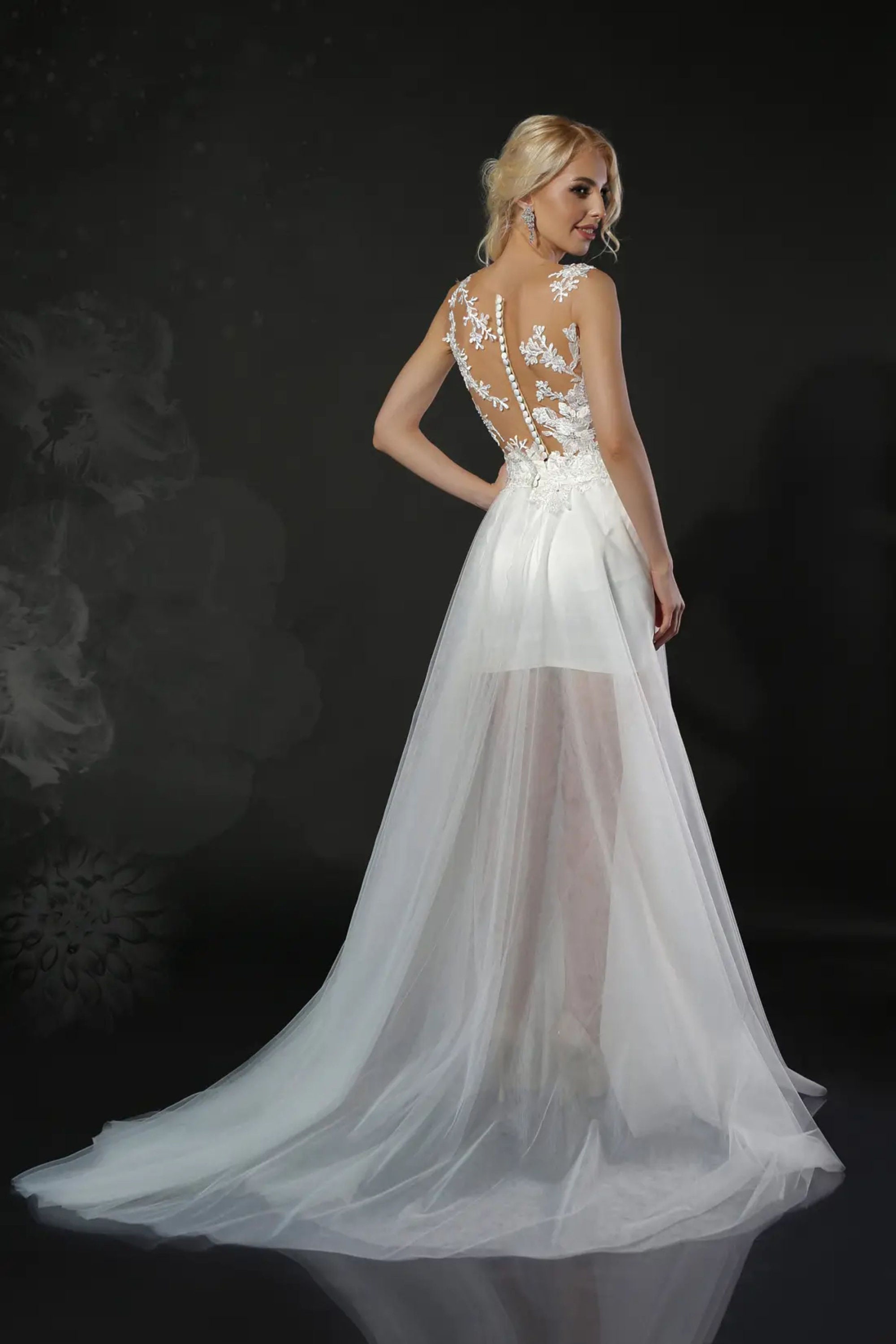 Detachable Train Wedding Gown, Short Wedding Dress, Sheer Overlay ...