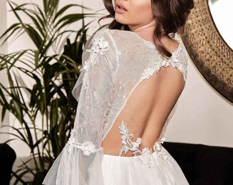 Ethereal romantic bohemian A line deep V neckline long ruffle sleeve 3D floral lace wedding dress, long sleeve wedding dress, romantic dress