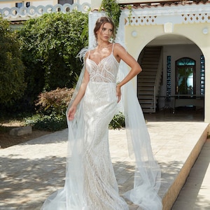 Spaghetti Straps Sexy Mermaid Wedding Dress, Sparkling Beaded Boho Bridal Gown, Sparkle Bohemian Wedding Dress, Beach Bridal Gown