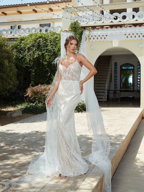princess polly baby blue dress Spaghetti Straps Sexy Mermaid Wedding Dress, Sparkling Beaded Boho Bridal  Gown, Sparkle Bohemian Wedding Dress, Beach Bridal Gown