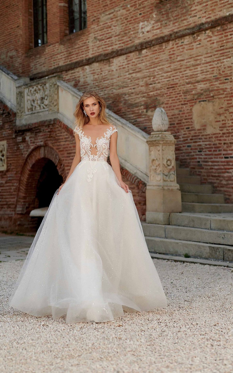 Deep V Sparkle Bohemian A-line Lace Tulle Wedding Dress, Deep V Neck ...