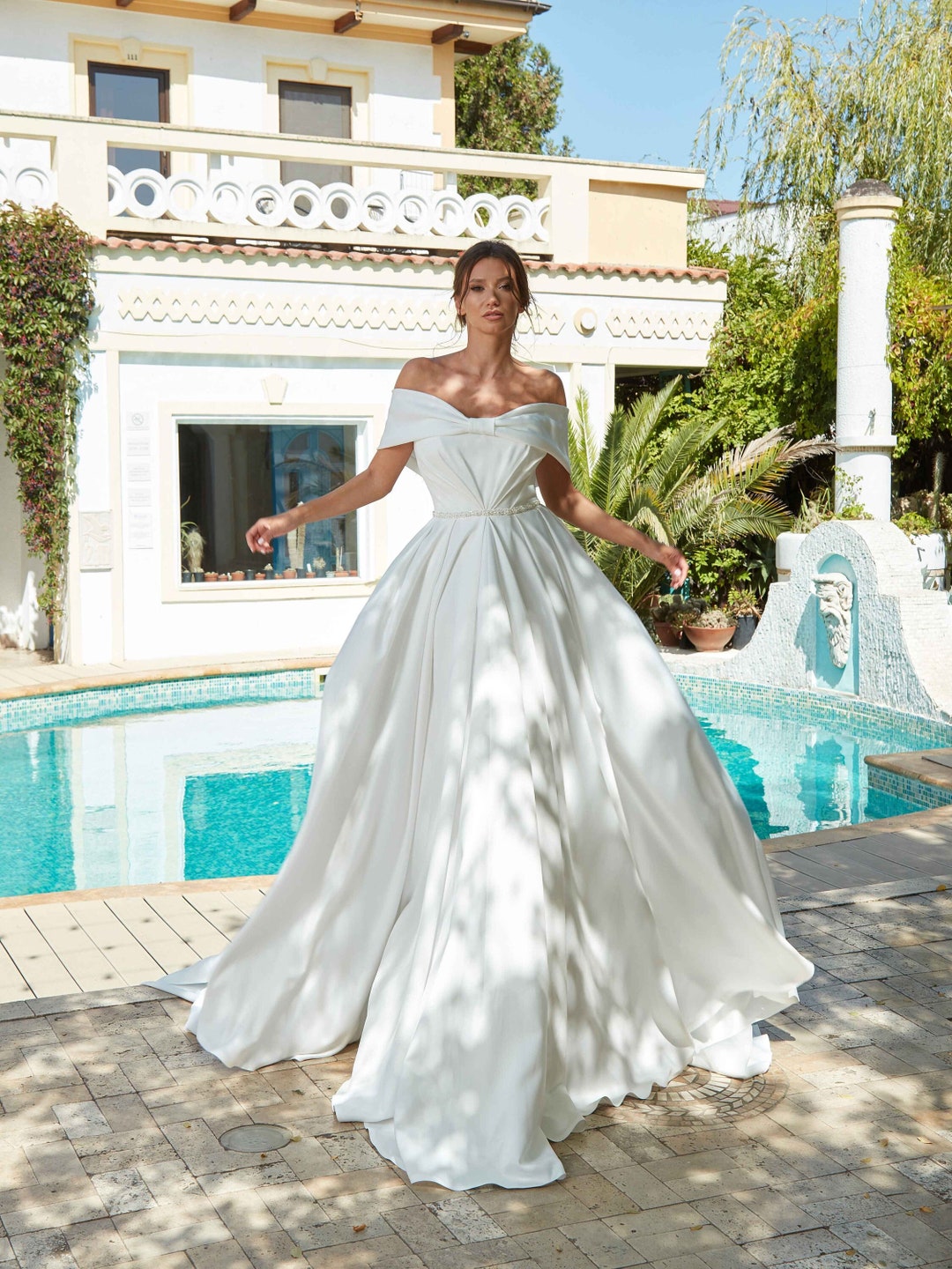 Off-the-shoulder A-line Satin Wedding Dress, Modern Minimalist