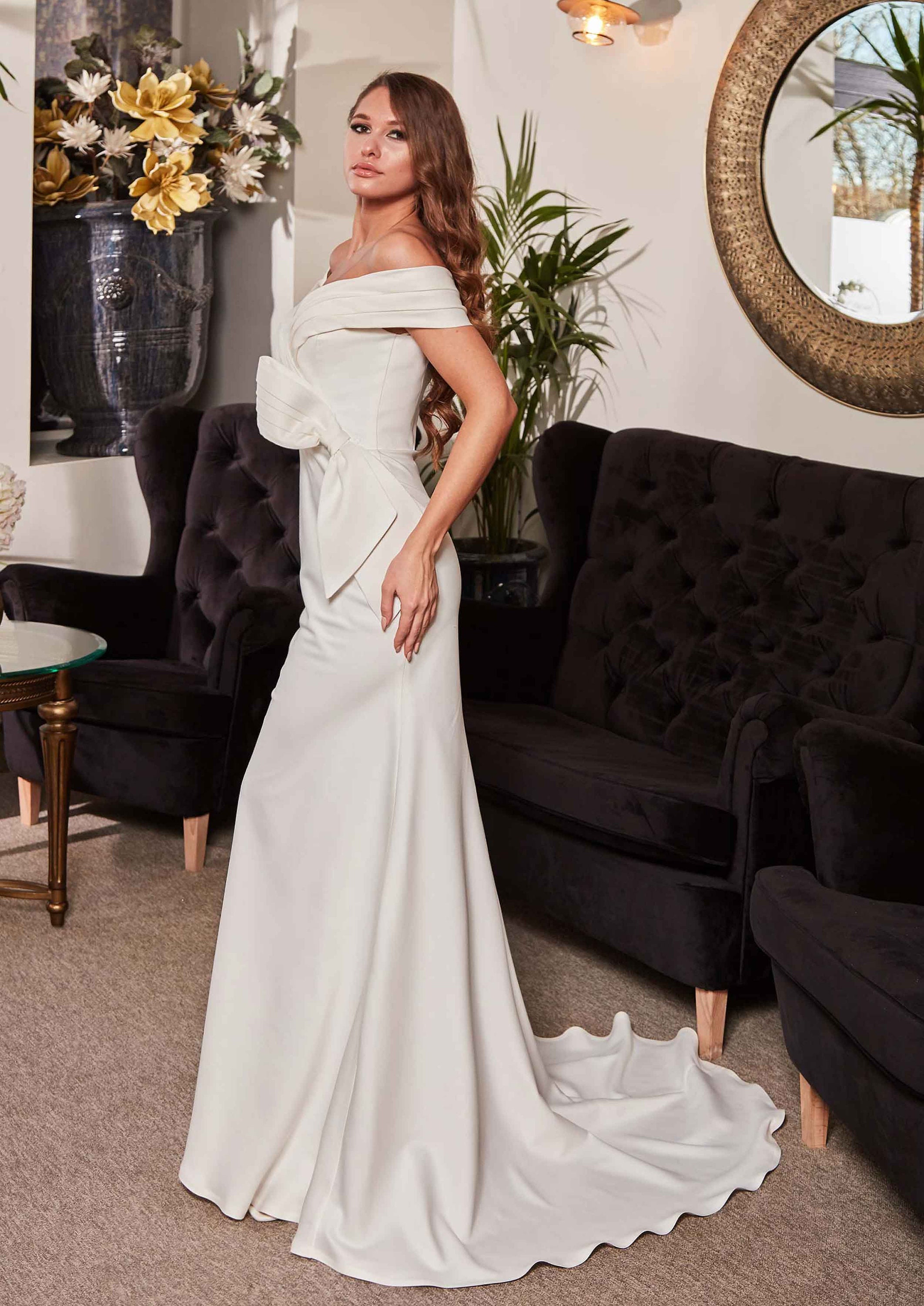 Elegant Cream Satin Off-the-Shoulder Ruched Mermaid Silhouette & Train Wedding Dress DP7668 main image 0
