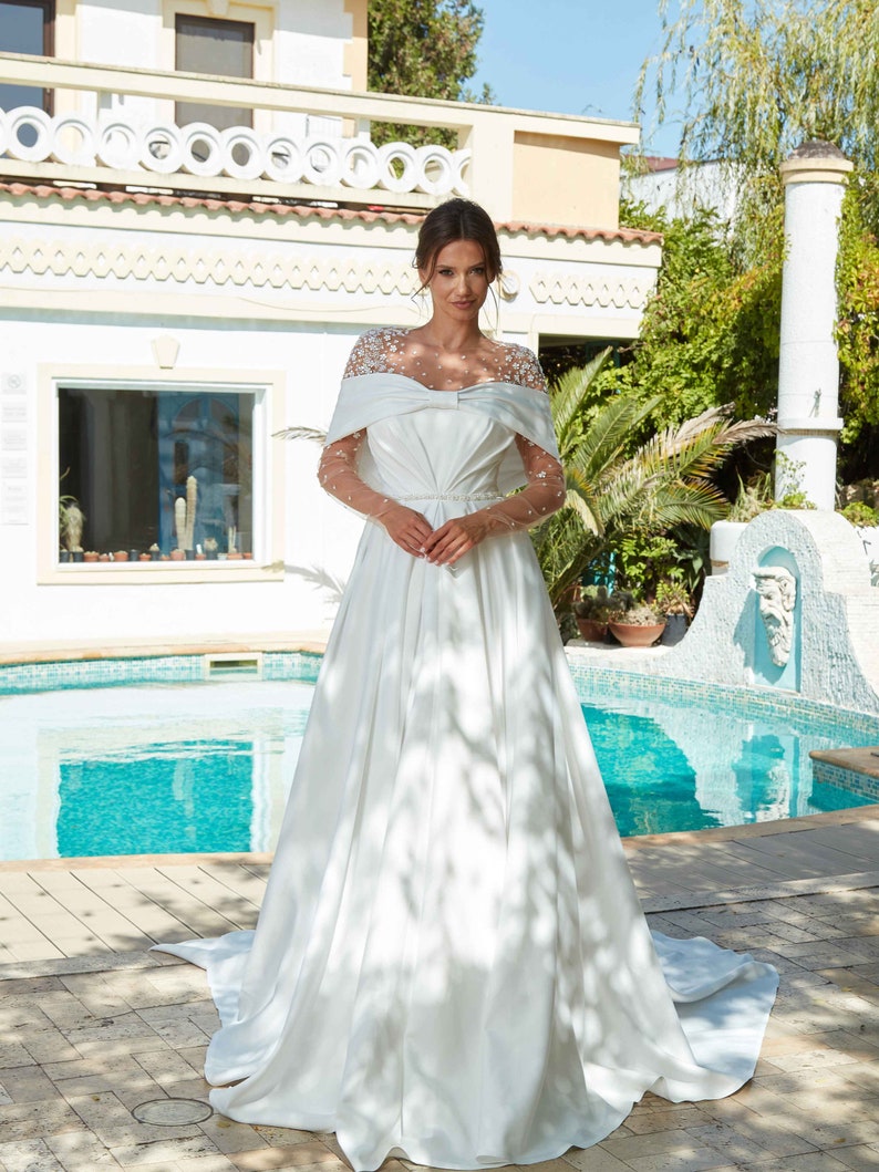 Simple Elegant A Line Off The Shoulder Satin Long Wedding Dresses C4371 main image 1