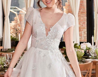 Romantic bohemian A line puffy V neck short sleeve glitter tulle wedding dress with 3D flowers,3D flowers glitter bridal gown, glitter dress