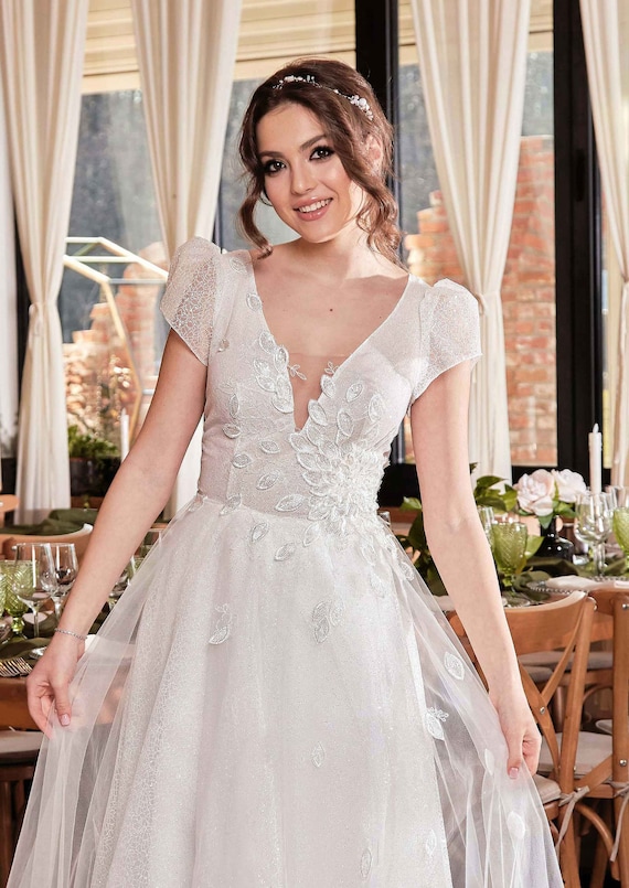 chinese dress ladies Wedtrend Women Ivory Apricot Bridal Dress A Line V-Neck Long Lace Wedding Dress with Short Sleeves, Ivory+Apricot / US10