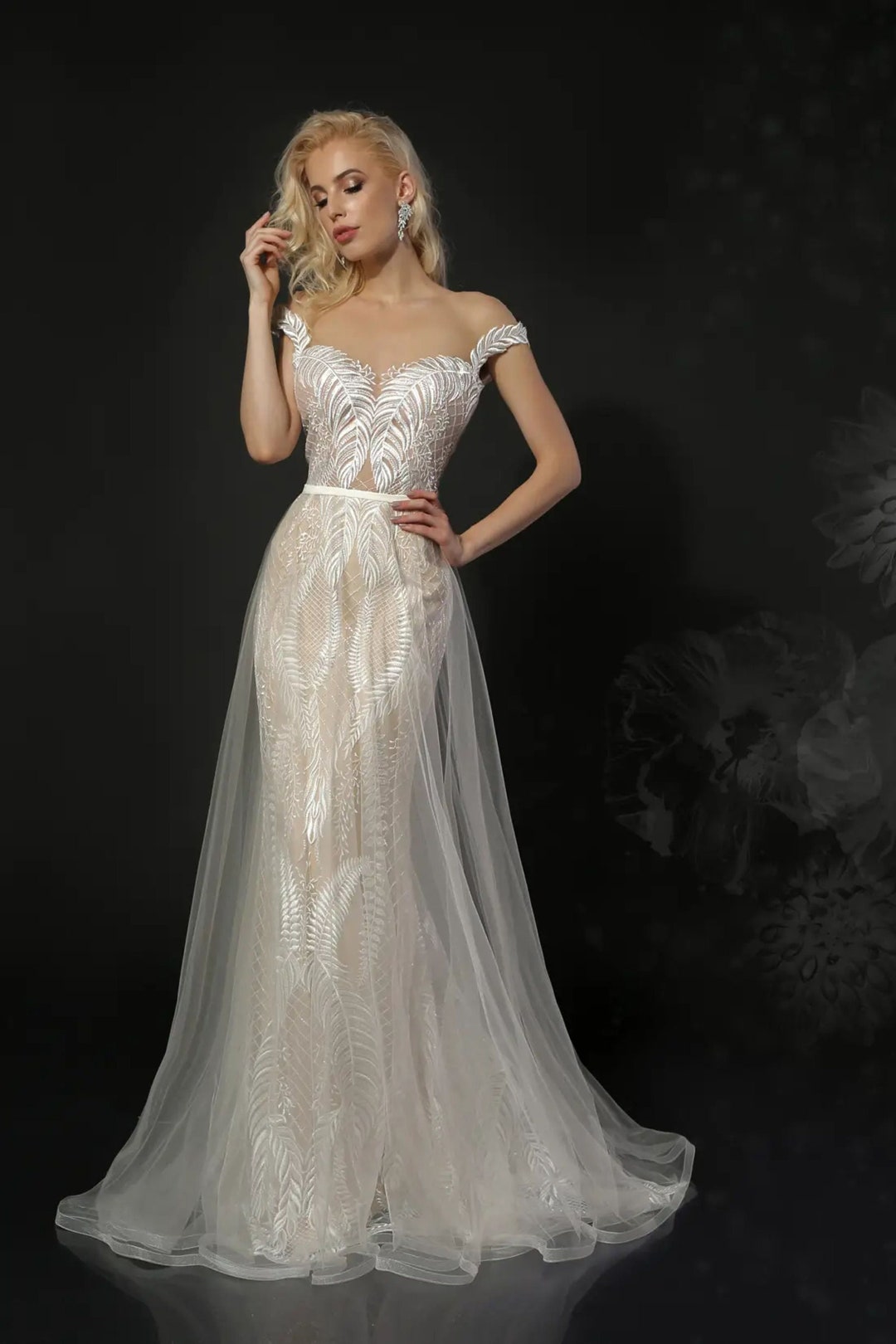 Detachable Sheer Overlay Wedding Gown, Embroidered Sheath Wedding Dress ...