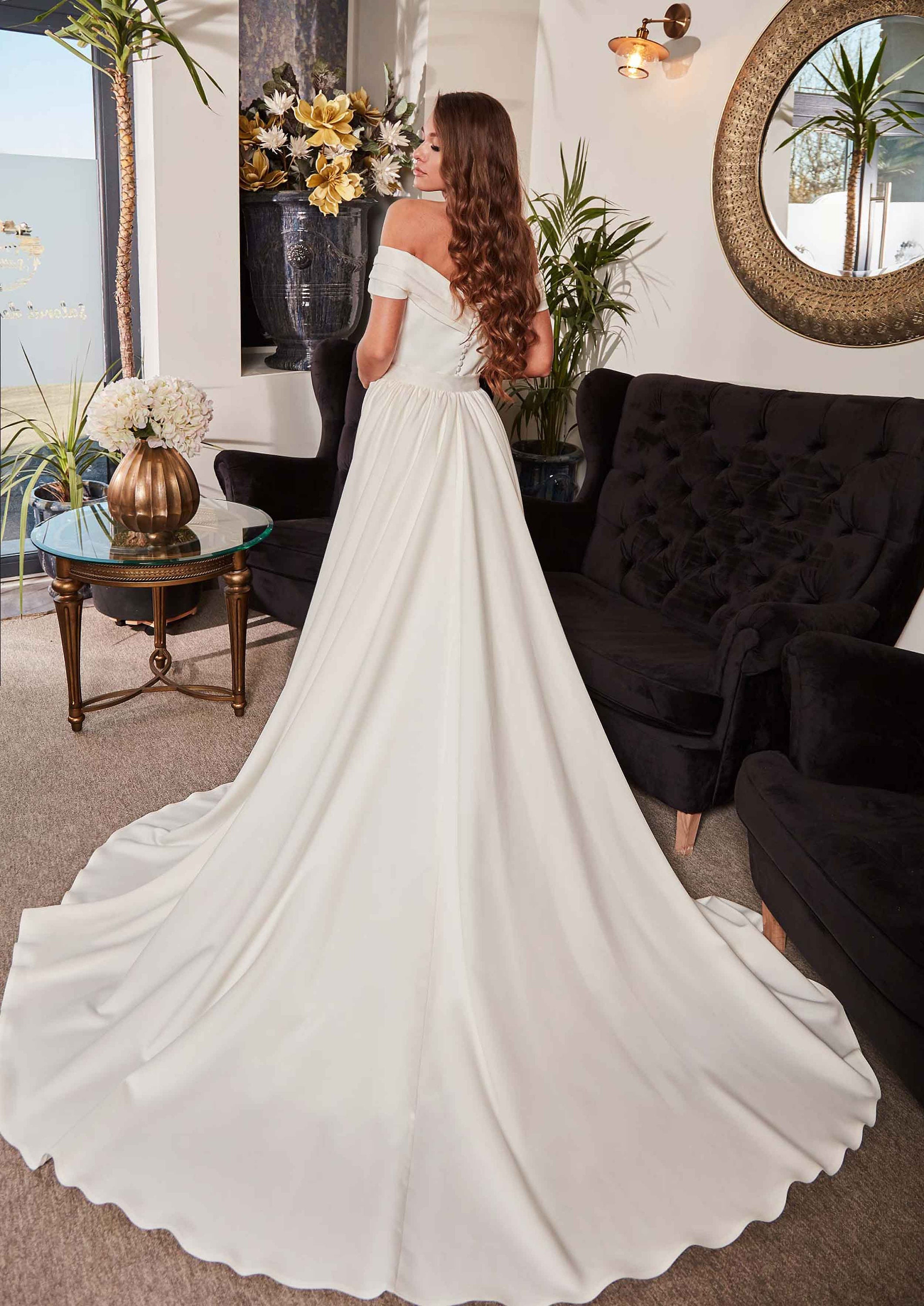 Elegant Cream Satin Off-the-Shoulder Ruched Mermaid Silhouette & Train Wedding Dress DP7668 main image 1