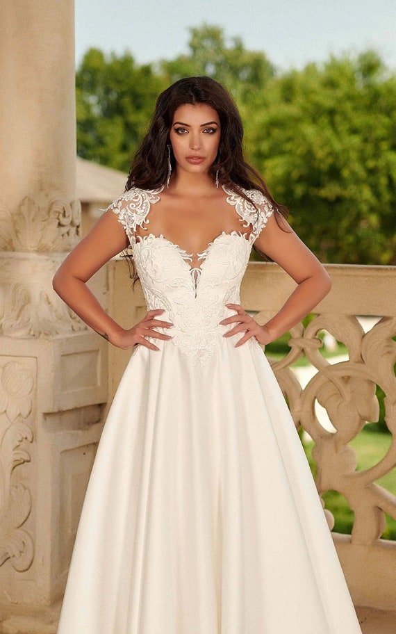 navy blue dress for baby girl Cap Sleeve Open Back Lace Satin A-line Wedding Dress, Elegant Satin A-line  Wedding Dress, Elegant Satin A-line Wedding Dress,