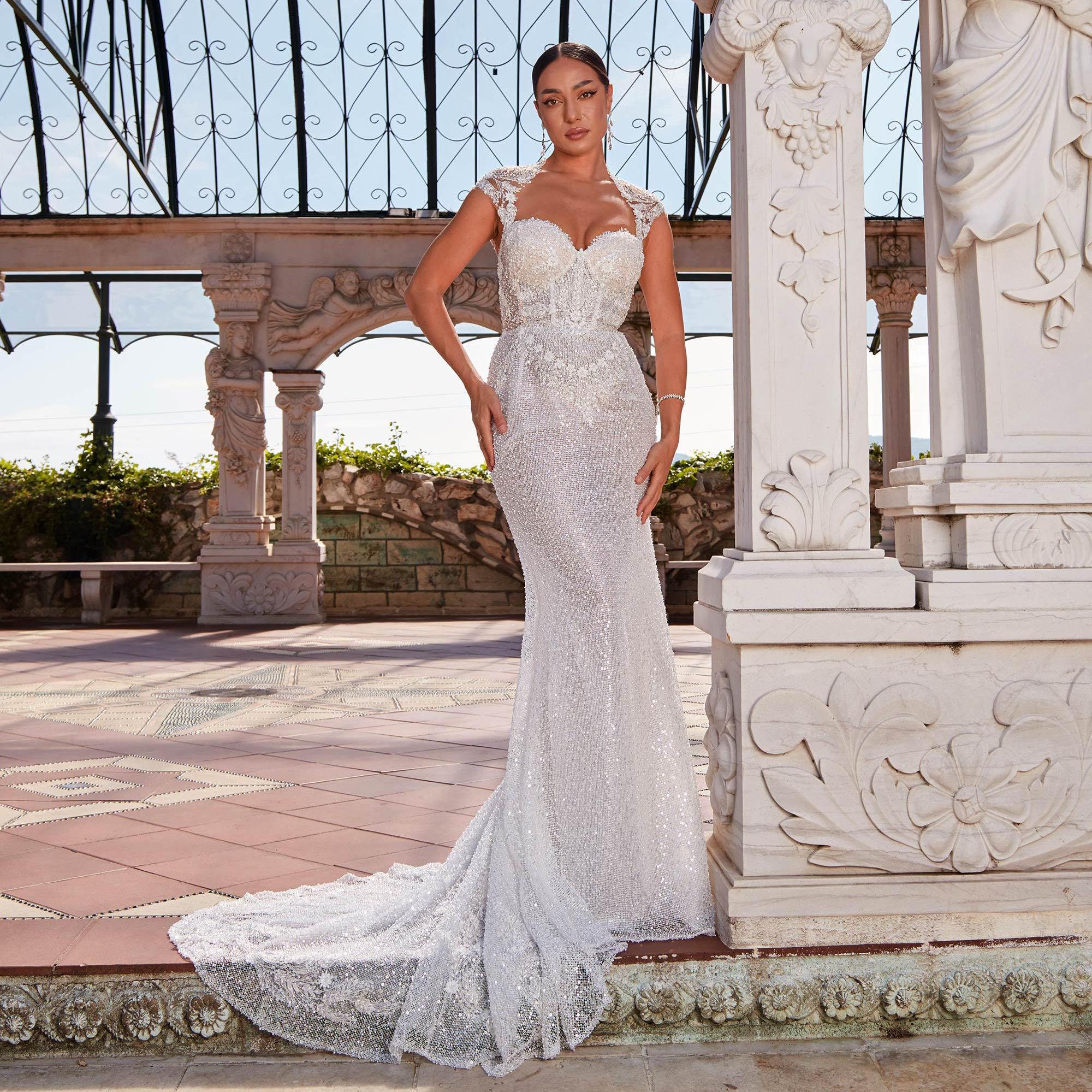 maxi white dress for wedding Willow Off Shoulder Satin Gown / | MESHKI FS_lorency Size:6 years US numeric shaped waistline elongates the Gold Sequin Detachable Over-skirt