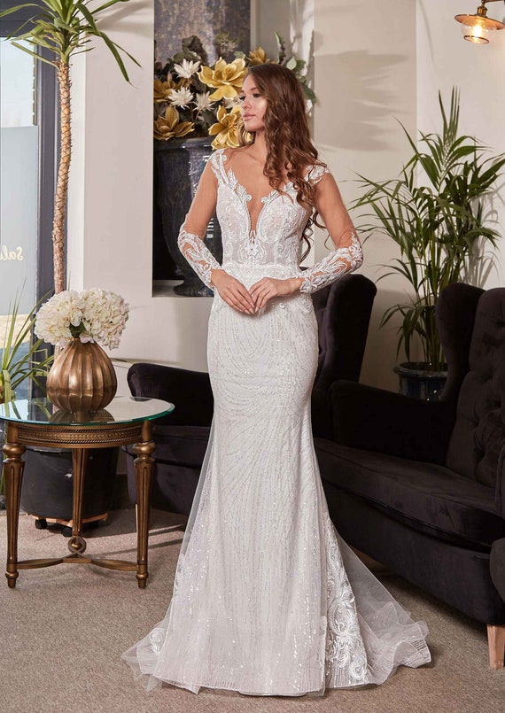 sachin and babi light blue dress Luxury Elegant Long Sleeve Lace and Glitter Deep V Long Train Mermaid Wedding  Dress, Unique Mermaid Bridal Gown, Custom Made Wedding Dress