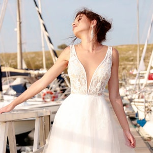 Celestial Wedding Dress, Deep V Wedding Dress, Sleeveless Wedding Gown Deep V Neckline, Beach Wedding Dress, Custom Wedding Gown