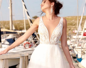 Celestial Wedding Dress, Deep V Wedding Dress, Sleeveless Wedding Gown Deep V Neckline, Beach Wedding Dress, Custom Wedding Gown