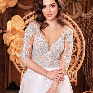 Classic A line V neck long sleeve lace wedding dress, lace bridal gown, long sleeve wedding dress, romantic bridal gown