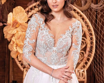 Classic A line V neck long sleeve lace wedding dress, lace bridal gown, long sleeve wedding dress, romantic bridal gown