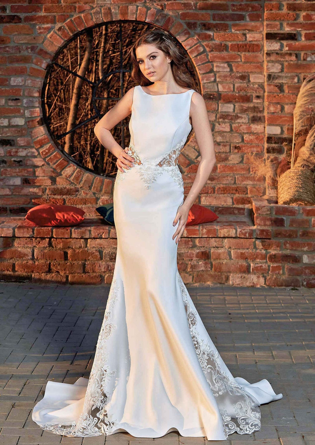 Open Back Illusion Neck Satin Bridal Wedding Dress