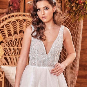 Sparkle A line deep V neck glitter moderm wedding dress, A line glitter bridal gown, V neck bridal gown
