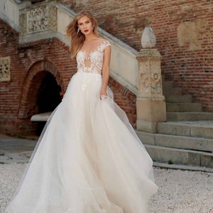 Deep V Sparkle Bohemian A-line Lace Tulle Wedding Dress, Deep V Neck ...