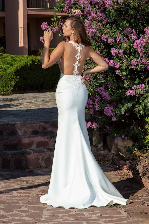 Open Back Modest Wedding Gown, Crepe Boho Bridal Gown, Satin 