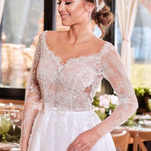 Long sleeve A line romantic wedding dress, bohemian bridal gown, elegant wedding dress, long sleeve brigal gown