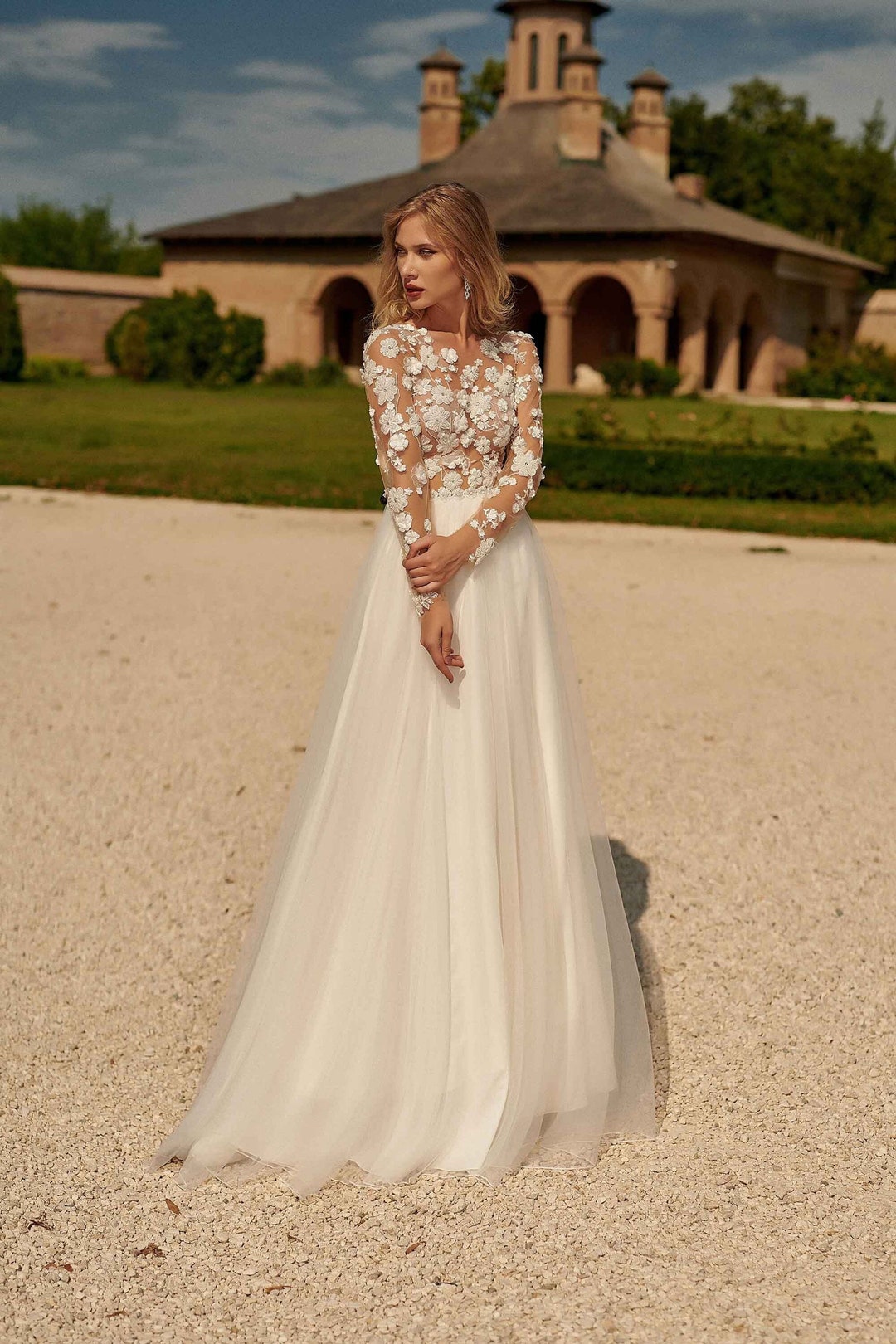 Beautiful Floral Boho Wedding Dress, Long Sleeves A-line Wedding Dress ...