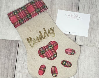 paw print stocking, pet stocking, gift for pet, personalised pet gift, personalised stocking, cat gift, dog gift, puppy first christmas, cat