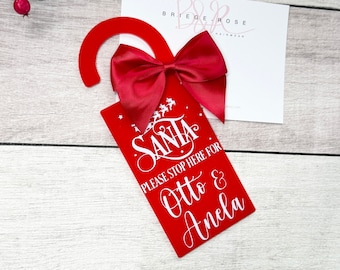 Santa stop here for door hanger, personalised Christmas Eve, name door sign, red Father Christmas sign, childrens bedroom sign, custom sign