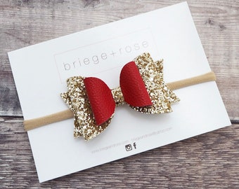 Gold glitter bow, red hair bow, Christmas bow, Christmas hair clip, gold Christmas bow, gold glitter headband, toddler girl hair bow