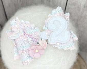 birthday bow, mermaid birthday headband, 1st birthday, personalised bow, rainbow glitter, crown headband, number hair bow, pink glitter bow