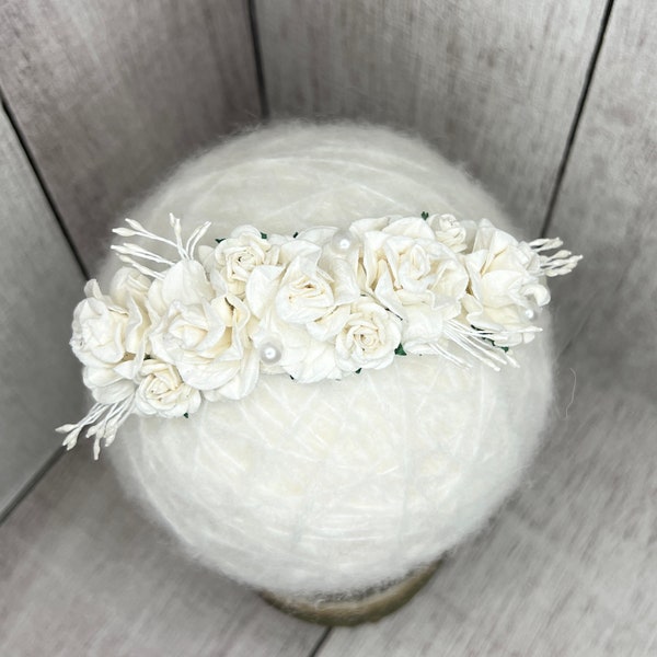 Bandeau fleur crème, bandeau fleur ivoire, bandeau fleur, nœud bébé, nœud cheveux blancs, accessoires pour cheveux filles, cheveux mariage, baptême