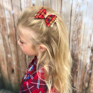 Red tartan hair bow, tartan headband, gold glitter bow, christmas headband, tartan hair accessories, photo prop bow, girls hair bow, red bow image 2