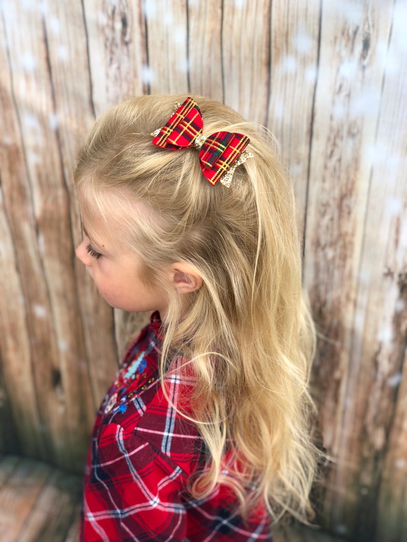 Red tartan hair bow, tartan headband, gold glitter bow, christmas headband, tartan hair accessories, photo prop bow, girls hair bow, red bow image 2