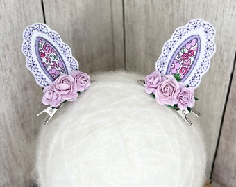 bunny ear clips, fringe clips, purple hair bows, flower clips, easter headband, easter bunny bow, purple bunny bows, lilac flower bow