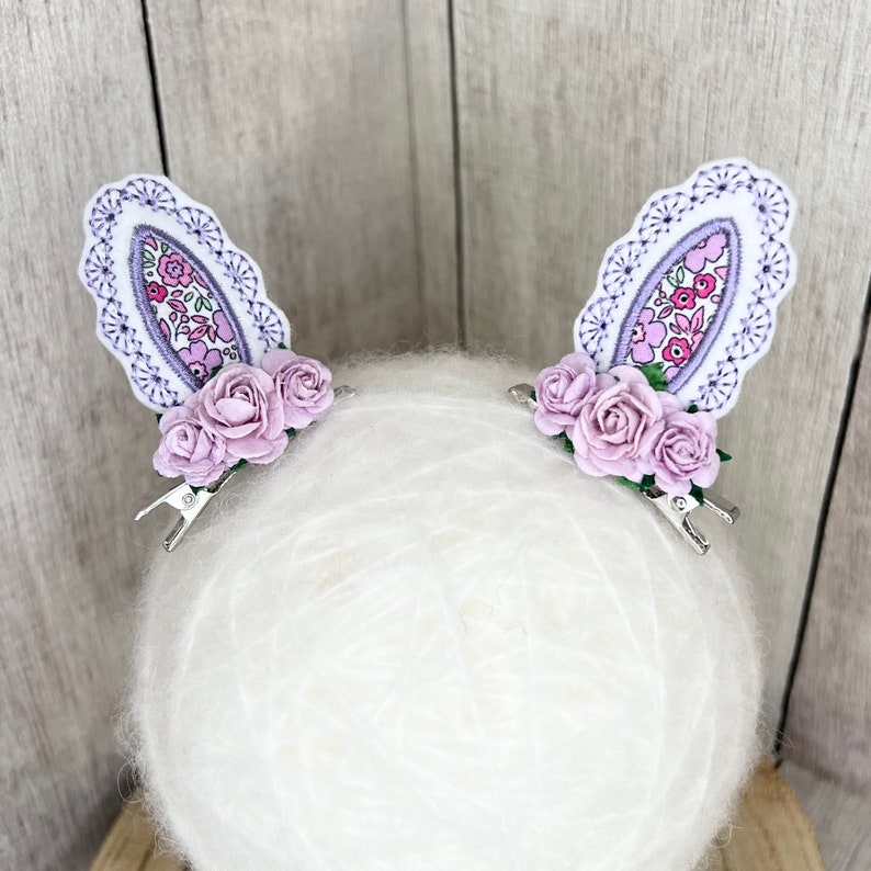 bunny ear clips, fringe clips, purple hair bows, flower clips, easter headband, easter bunny bow, purple bunny bows, lilac flower bow image 1