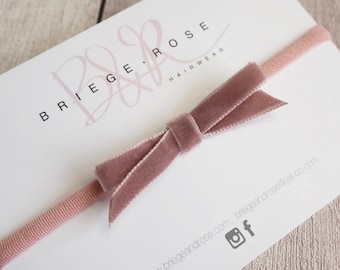 dusky pink bow, velvet hair bow, velvet headband, newborn bows, girls hair accessories, handmade bows, nylon headbands, newborn photo prop