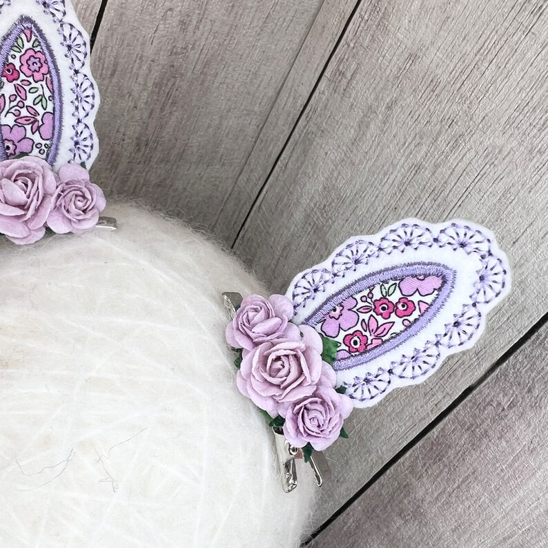 bunny ear clips, fringe clips, purple hair bows, flower clips, easter headband, easter bunny bow, purple bunny bows, lilac flower bow image 6