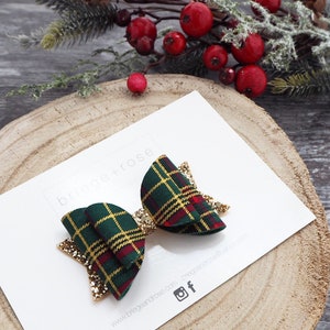 green tartan bow, festive hair bow, christmas bows, tartan headband, gold hair bows, baby headband, baby 1st christmas, gold glitter bow image 9