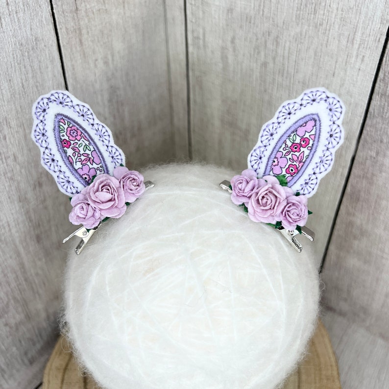 bunny ear clips, fringe clips, purple hair bows, flower clips, easter headband, easter bunny bow, purple bunny bows, lilac flower bow image 5