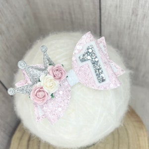Pink birthday hair bow, pink glitter hairbow, silver headband, number bow, personalised bow, girl birthday bow, flower hair slide, crown bow image 6